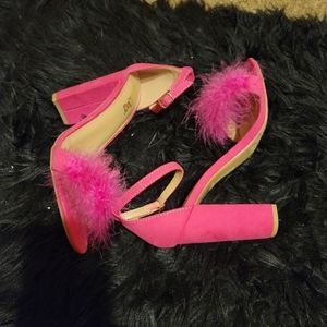 Brash hot pink strap furry block heel